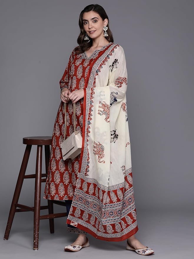 INDO ERA Printed Pure Cotton Kurta with Pant & Dupatta Set